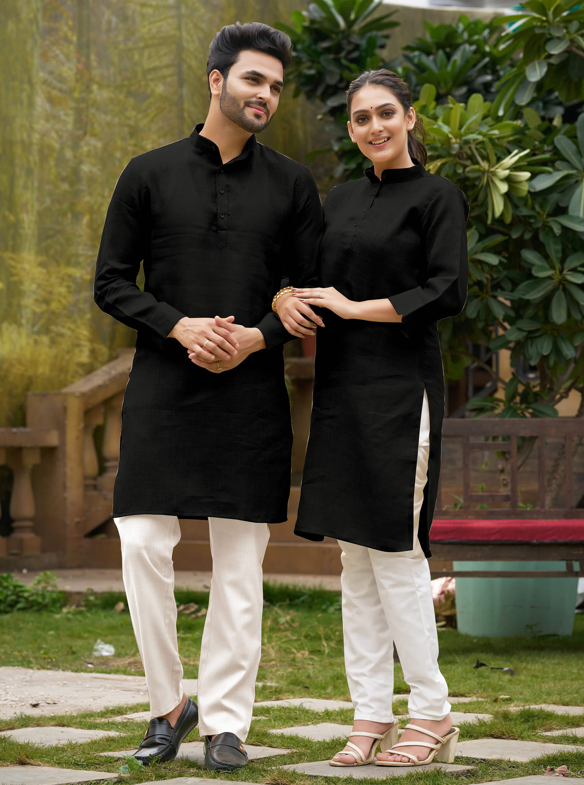 Formal Wear For Couples Linen Cotton Kurti And Kurta Black Couple