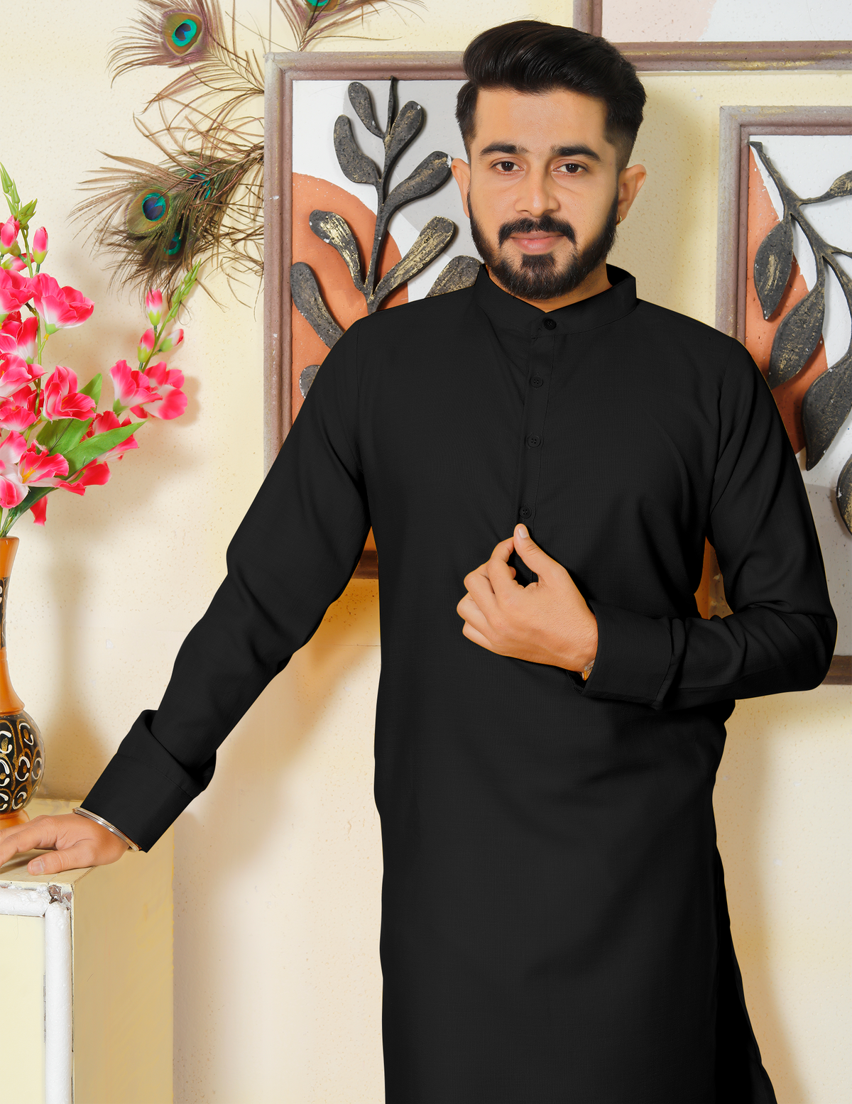 Archittam Black Cotton Dobby Slim Fit Long Kurta