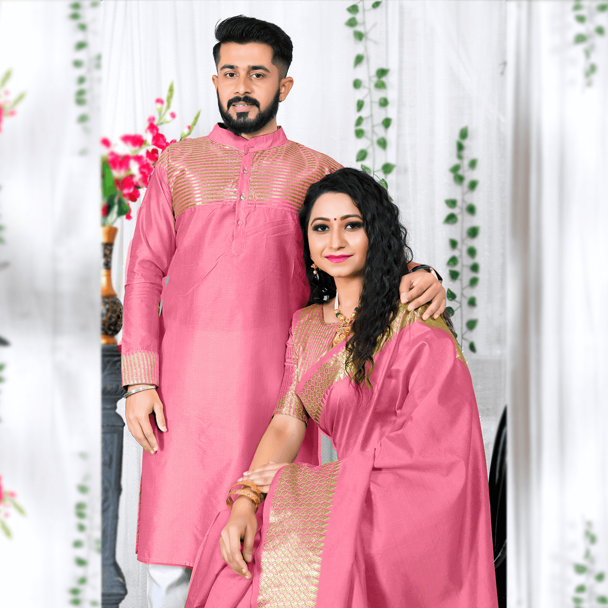 Pink Silk Saree and Kurta Buy Couple Dress Online Archittam Fashion