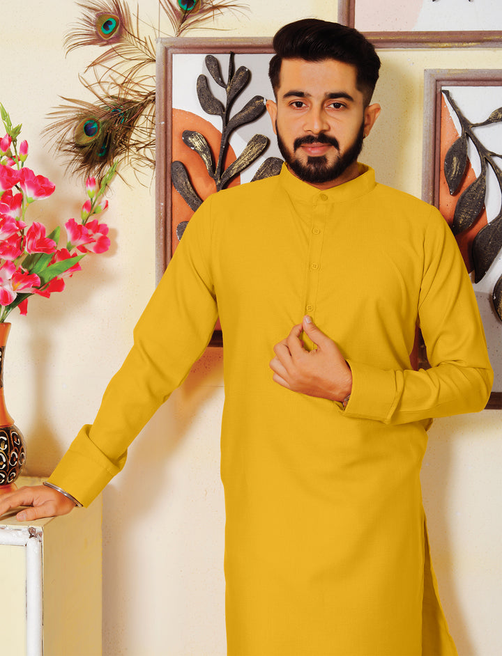 Archittam  Yellow Cotton Dobby Slim Fit Long Kurta