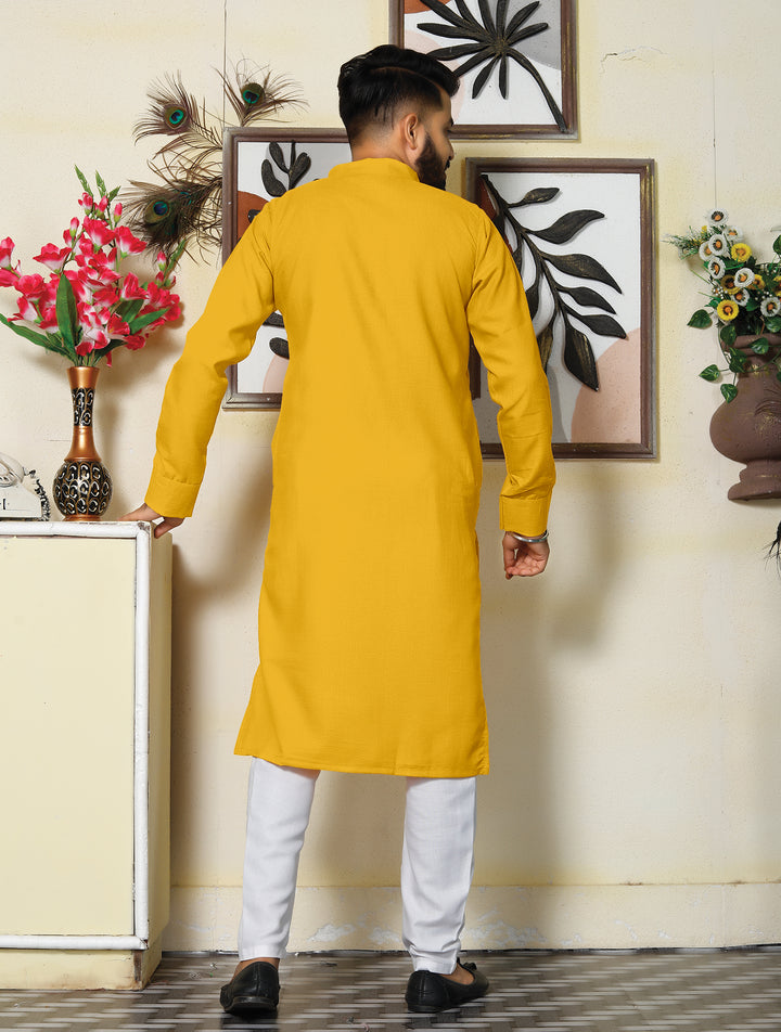 Archittam  Yellow Cotton Dobby Slim Fit Long Kurta