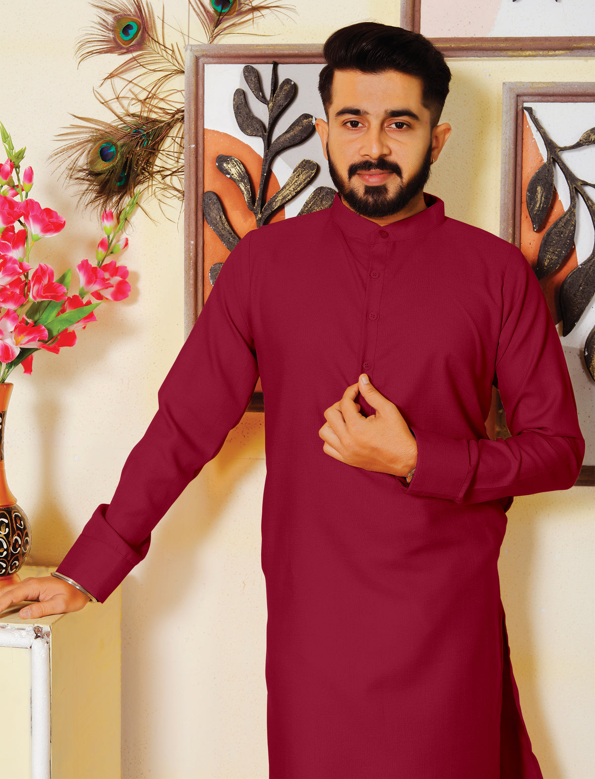 Archittam Maroon Cotton Dobby Slim Fit Long Kurta