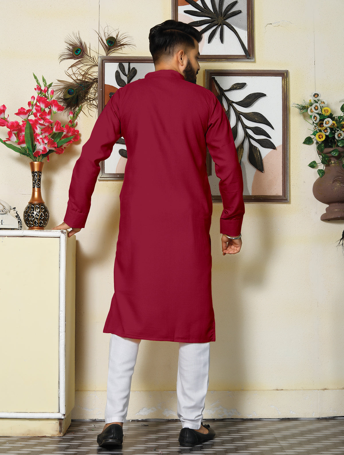 Archittam Maroon Cotton Dobby Slim Fit Long Kurta