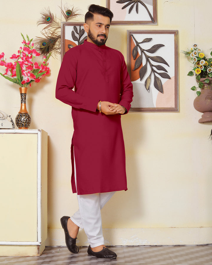 Archittam Maroon Cotton Dobby Slim Fit Long Kurta