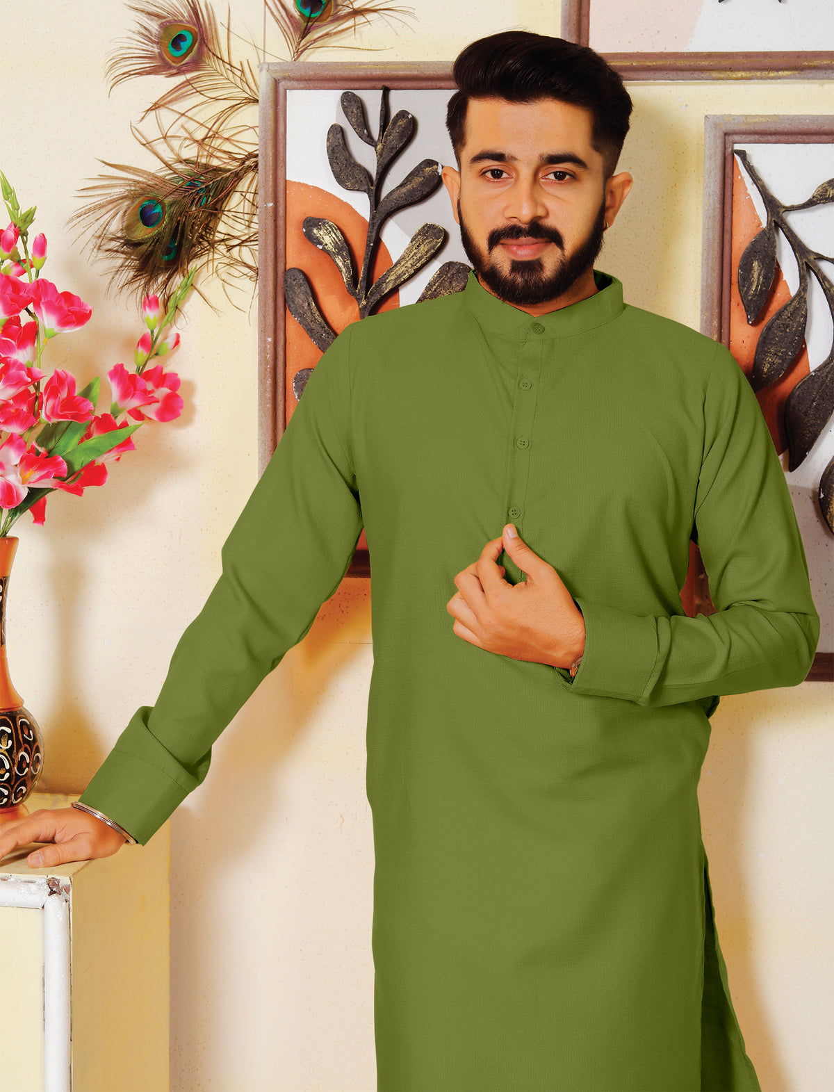 Archittam  Green Cotton Dobby Slim Fit Long Kurta