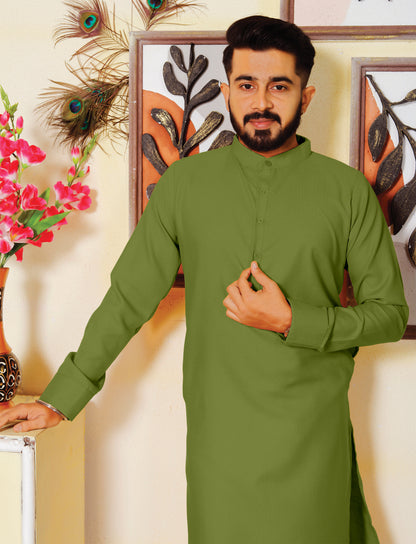 Archittam  Green Cotton Dobby Slim Fit Long Kurta