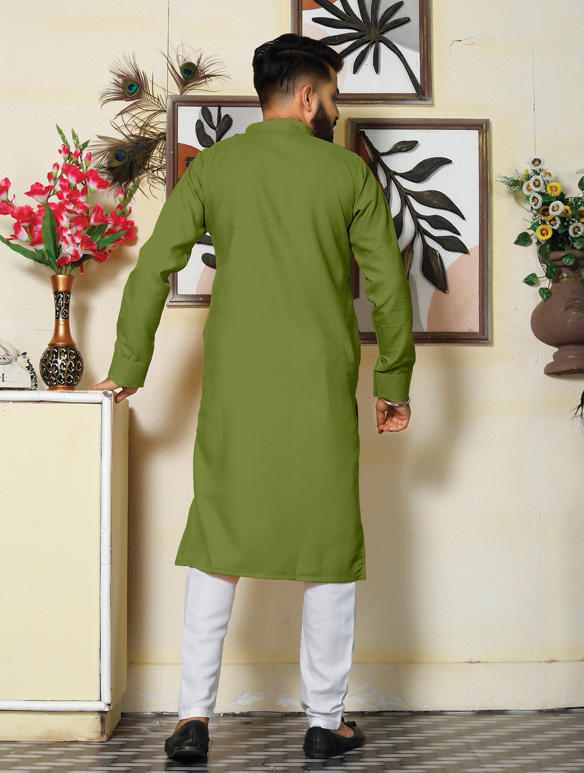 Archittam  Green Cotton Dobby Slim Fit Long Kurta