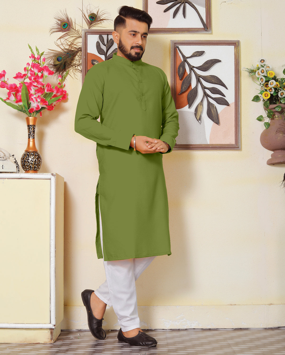 Archittam  Green Cotton Dobby Slim Fit Long Kurta
