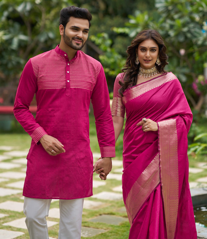 Rose Rani Couple set Matching Dress Silk Saree and Kurta