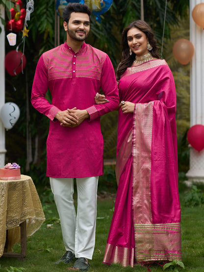 Rose Rani Couple set Matching Dress Silk Saree and Kurta