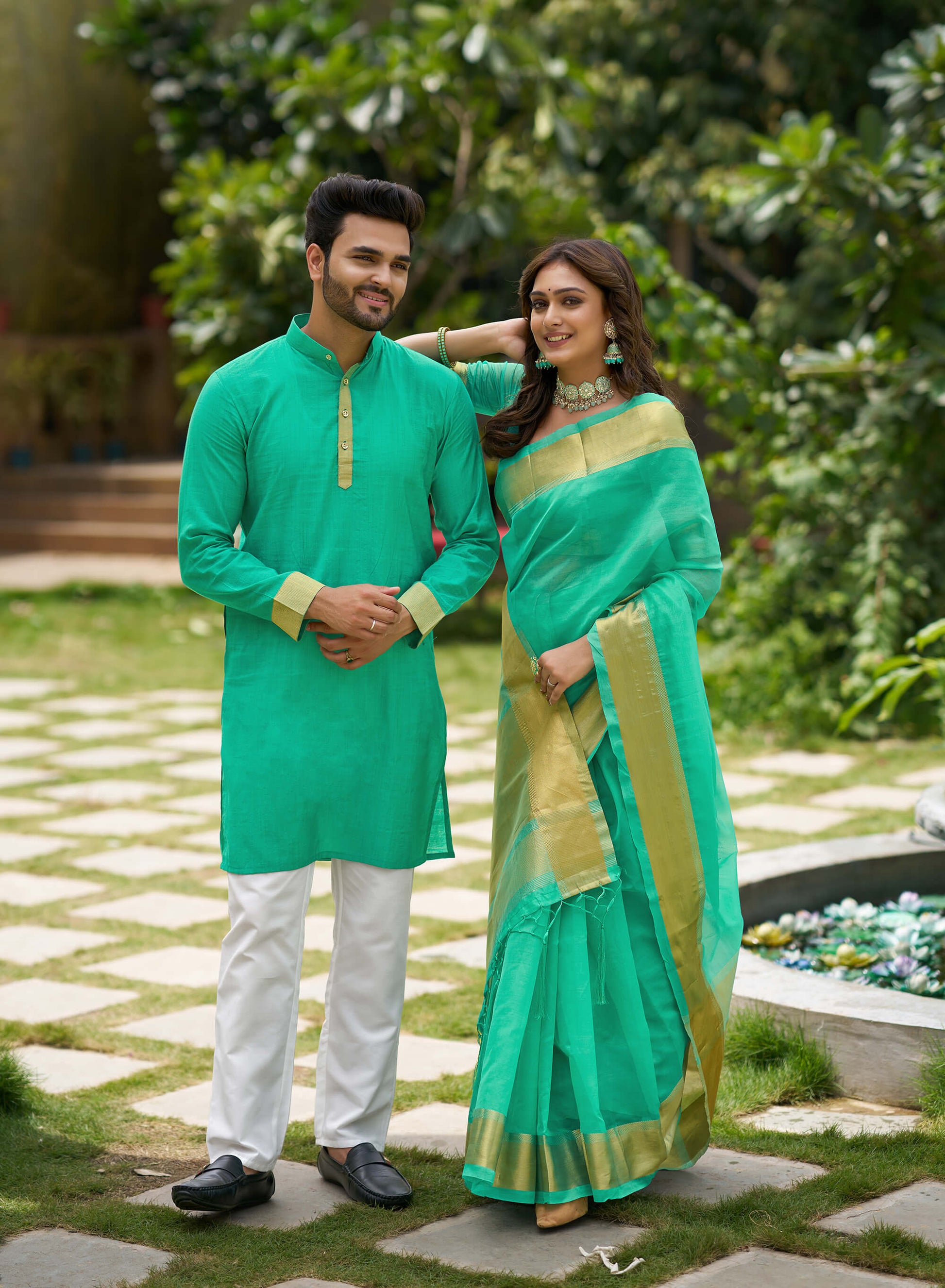 Couple dress Orgenza Silk Teal Colored Saree and kurta pyjama  Archittam  Fashion