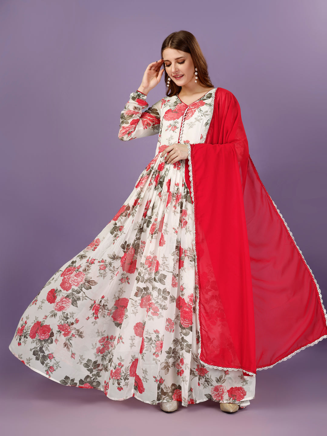Fiesta Bloom Red & White Floral MexiDress with Dupatta