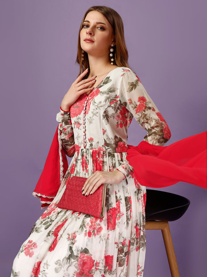 Fiesta Bloom Red & White Floral MexiDress with Dupatta