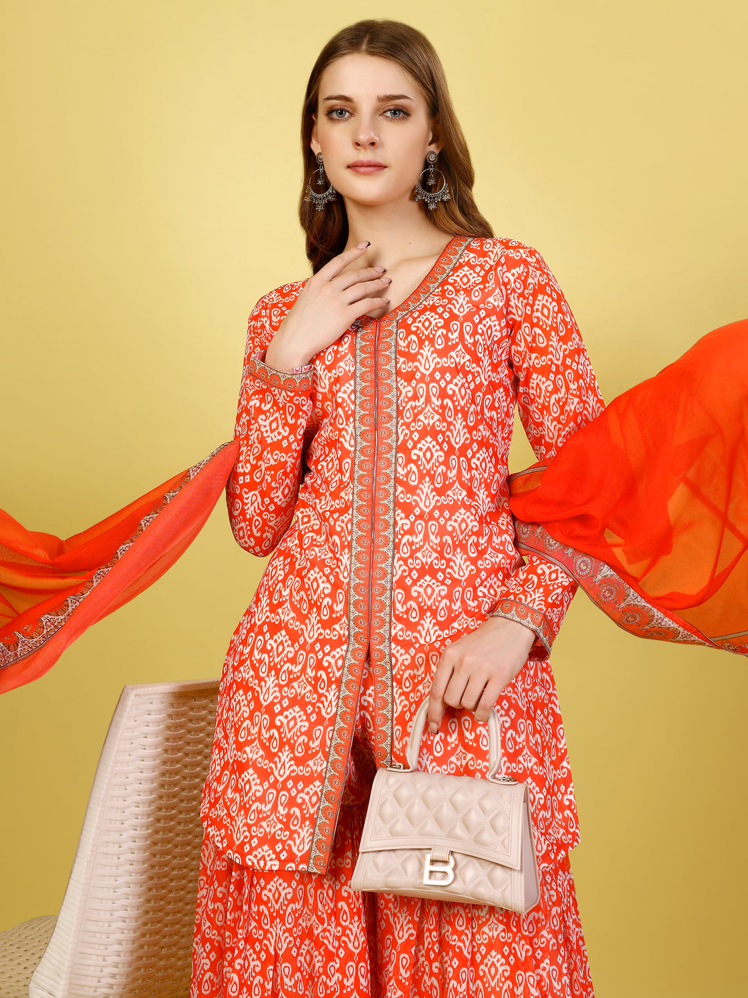 Vibrant Tomato Red Printed Jacket-Gharara-Dupatta Set