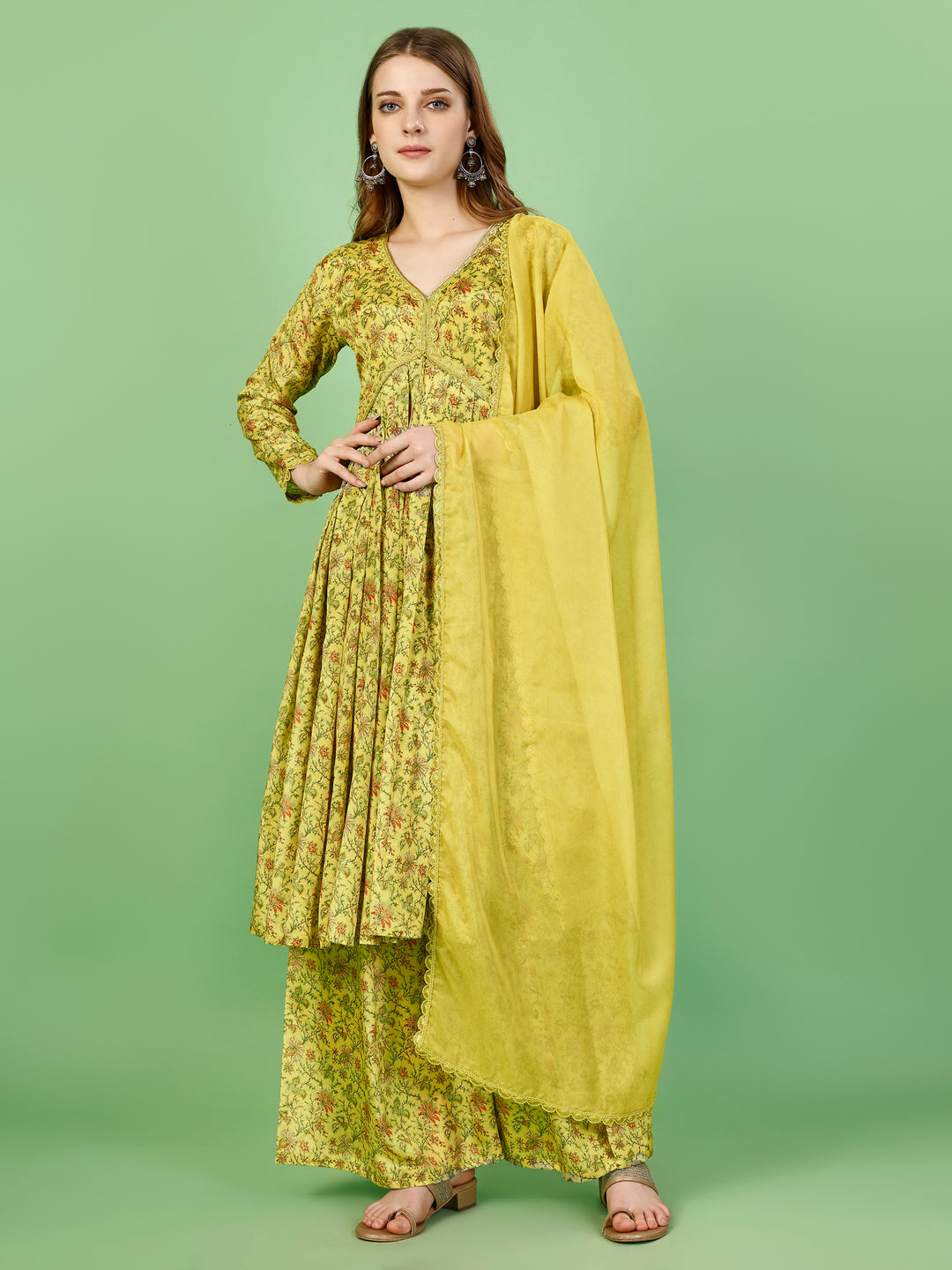 Chinon Green Floral Printed Nayra Cut Kurti Gharara Set with Tebi Silk Dupatta