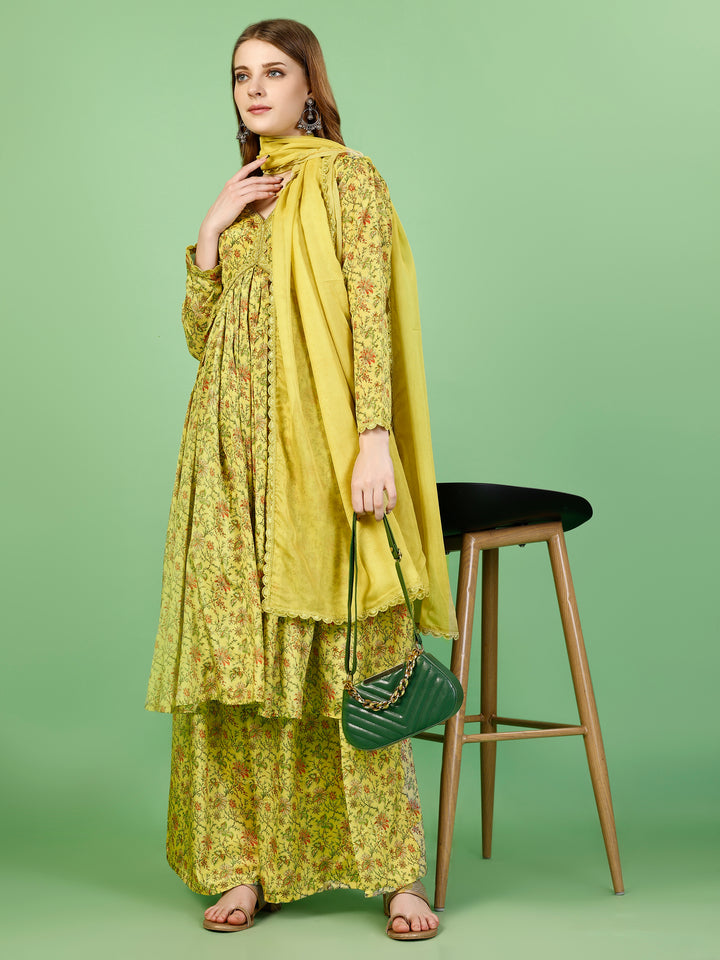 Chinon Green Floral Printed Nayra Cut Kurti Gharara Set with Tebi Silk Dupatta