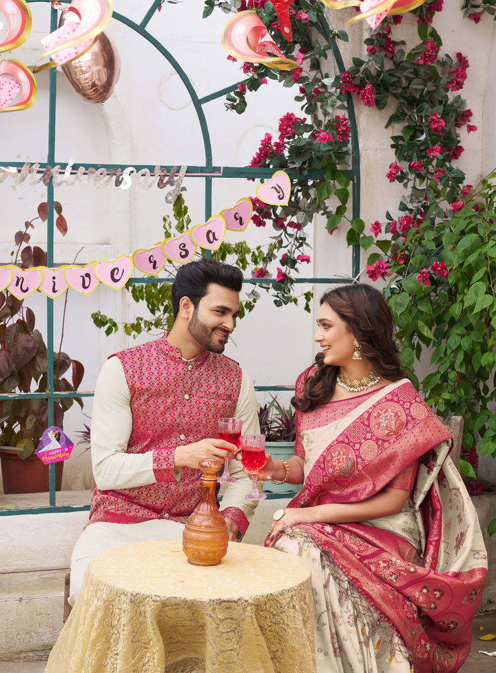 Richie Rich Couple Matching Dress Kanjivaram Silk Saree and Kurta pyjama with Nehru Jacket