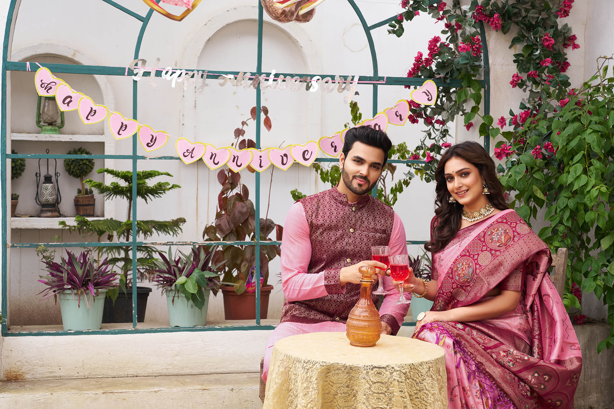 Richie Rich Gold Pink Couple Matching Dress Kanjivaram Silk Saree and Kurta pyjama with Nehru Jacket