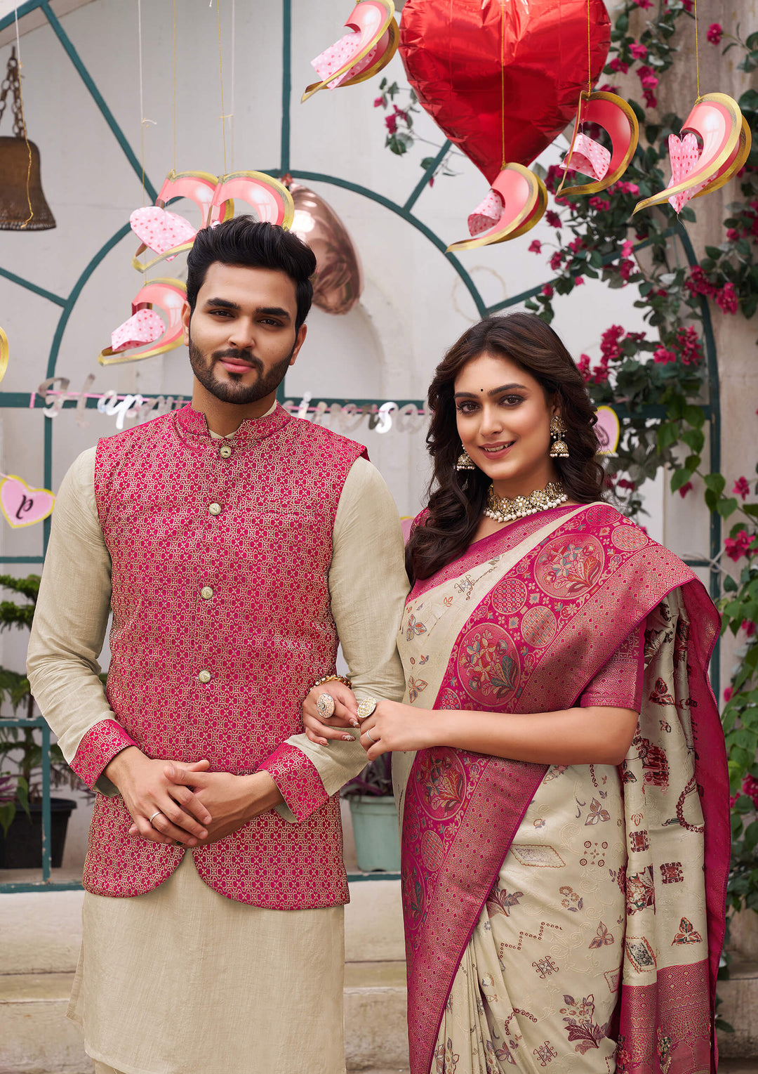 Richie Rich Couple Matching Dress Kanjivaram Silk Saree and Kurta pyjama with Nehru Jacket