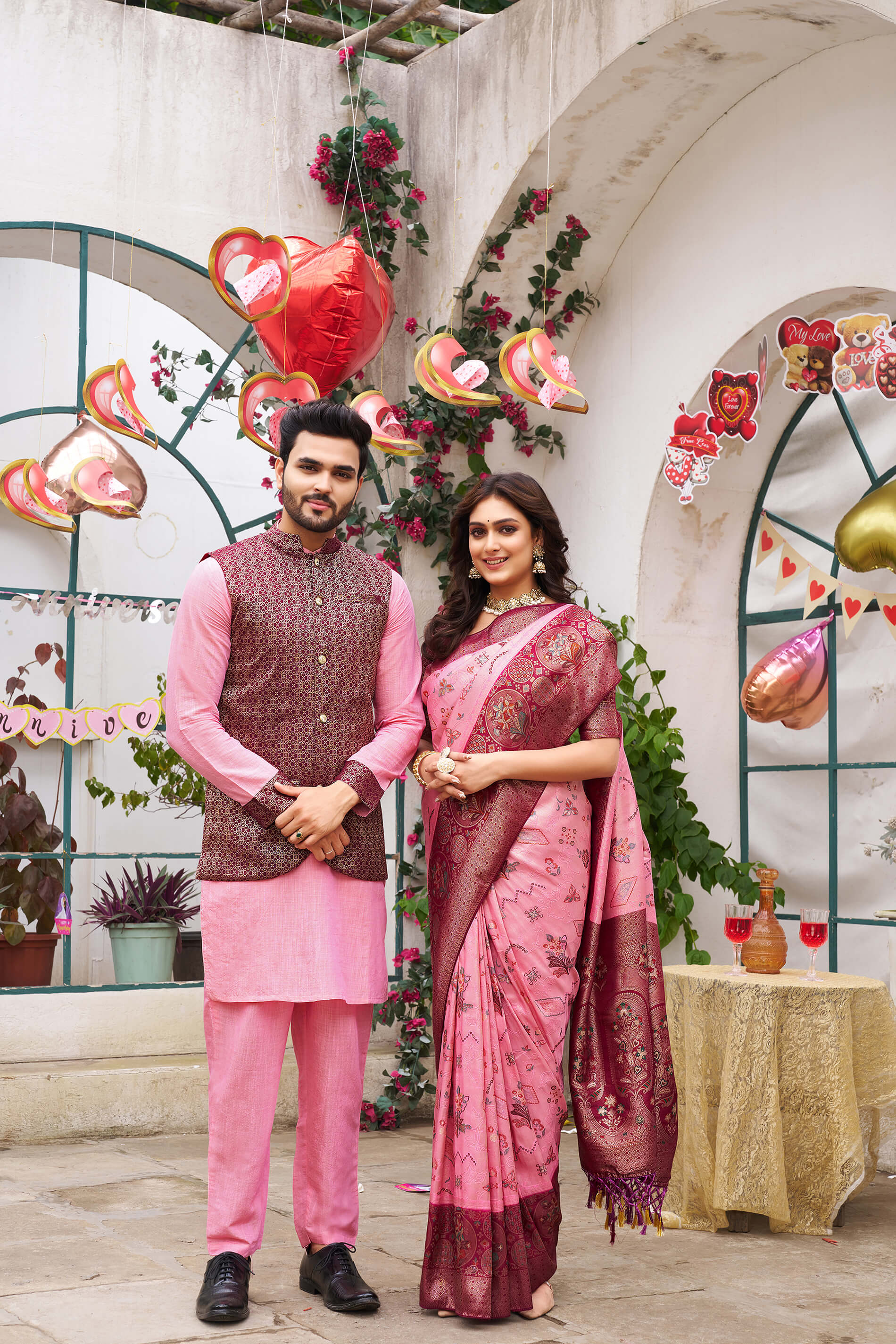 Richie Rich Gold Pink Couple Matching Dress Kanjivaram Silk Saree and Kurta pyjama with Nehru Jacket