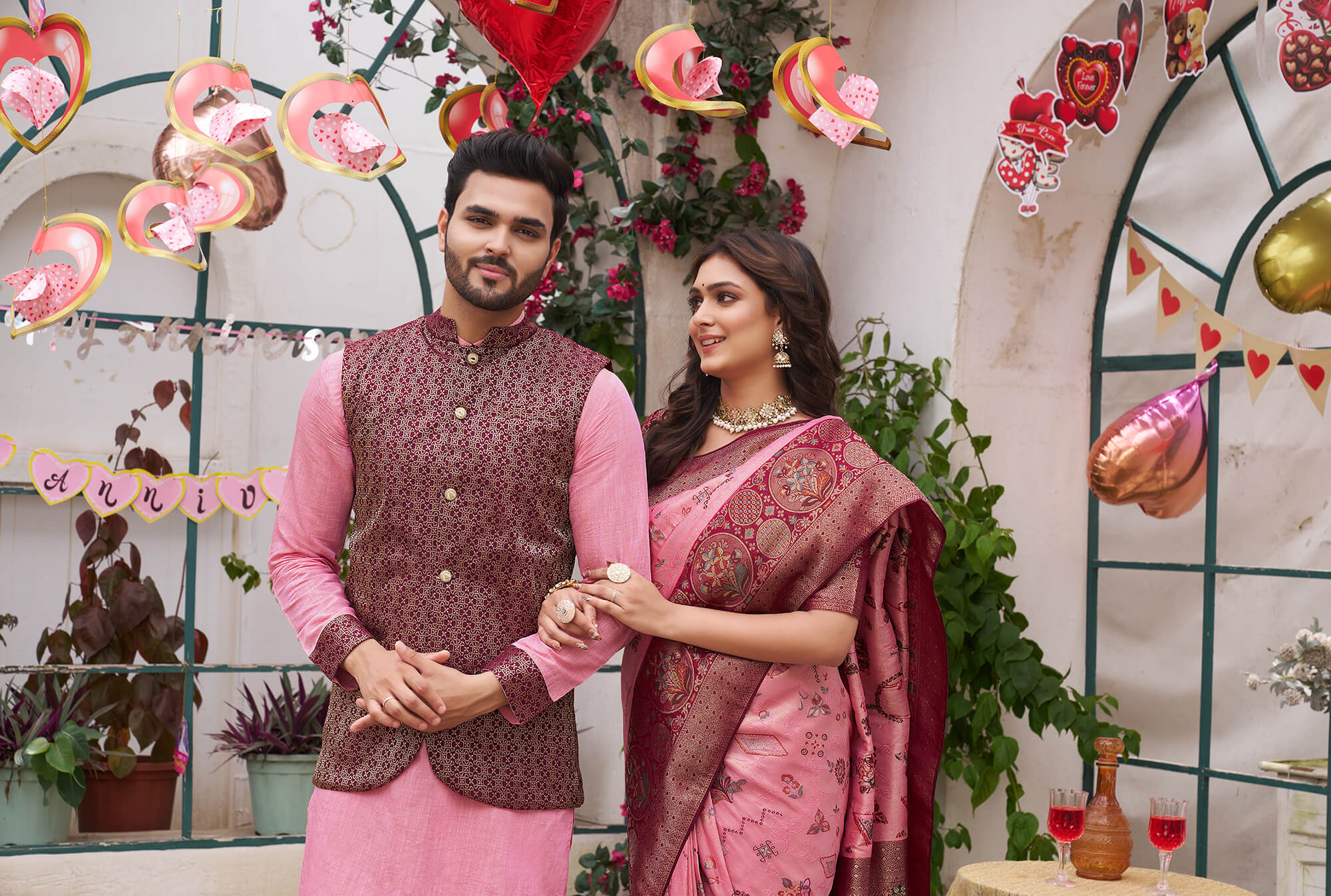 Richie Rich Gold Pink Couple Matching Dress Kanjivaram Silk Saree and Kurta pyjama with Nehru Jacket