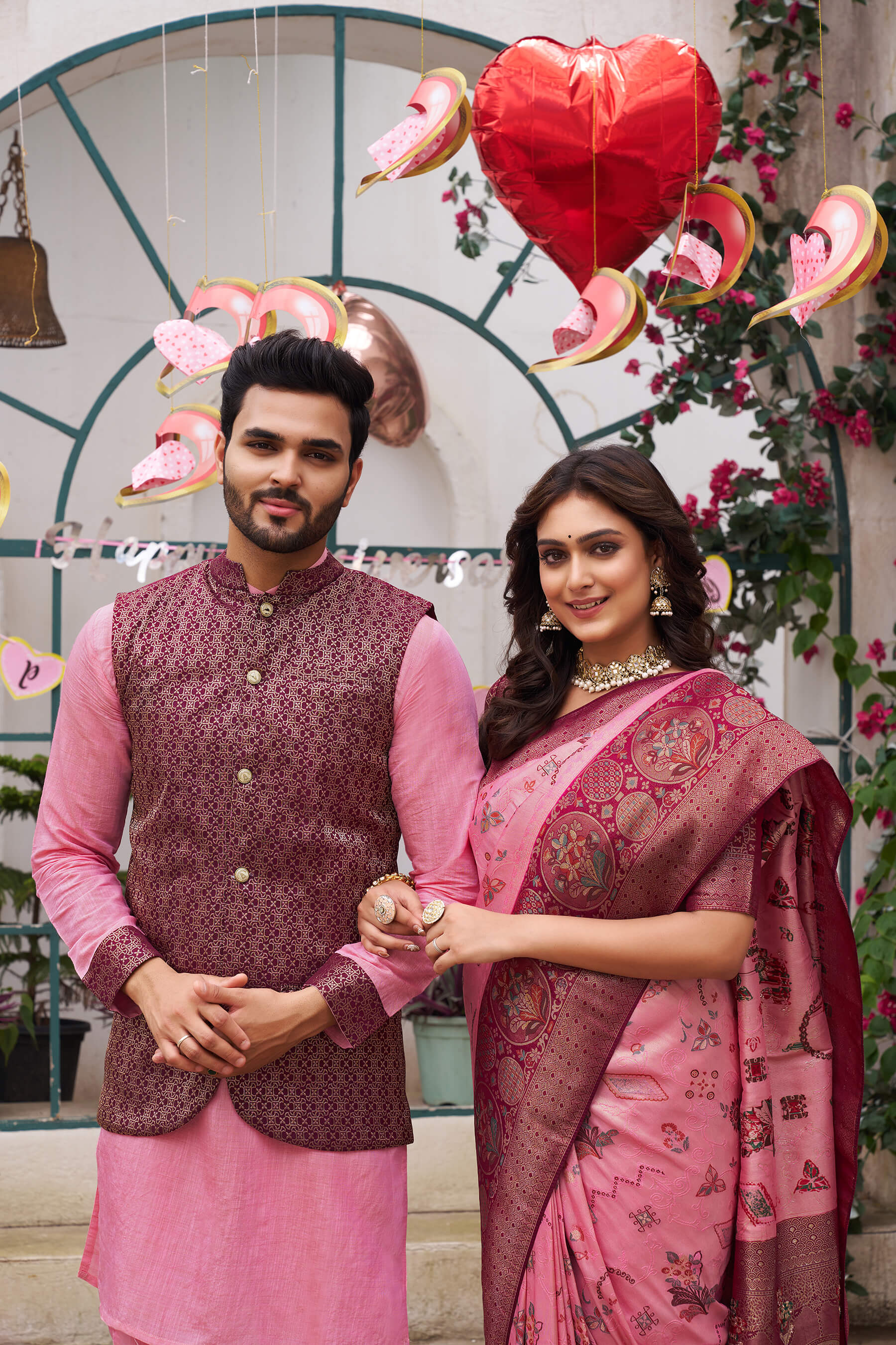 Richie Rich Gold Pink Couple Matching Dress Kanjivaram Silk Saree and Kurta pyjama with Nehru Jacket