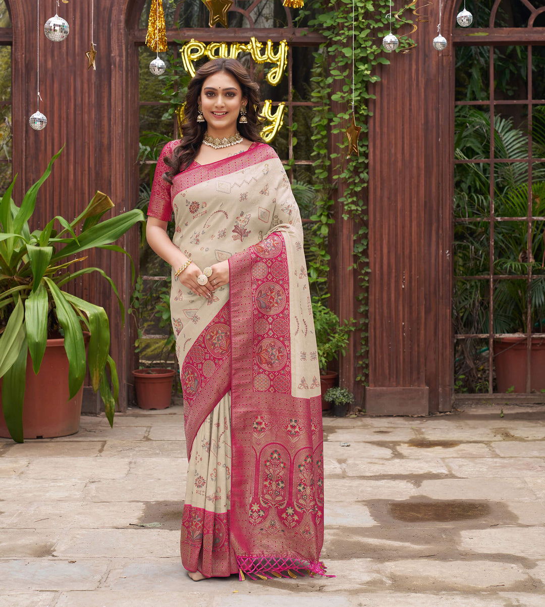 Richie Rich Couple Matching Dress Kanjivaram Silk Saree and Kurta pyjama with Nehru Jacket
