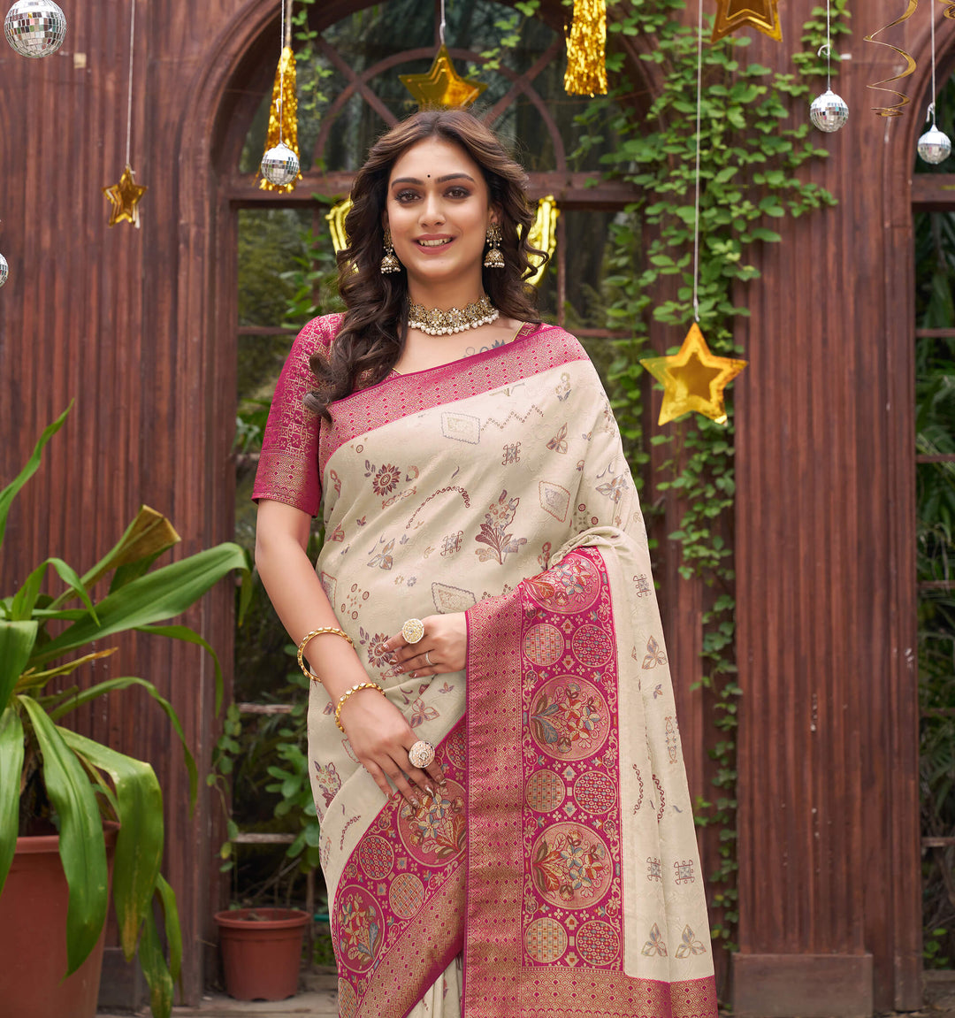 Richie Rich Couple Matching Dress Kanjivaram Silk Saree and Kurta pyjama with Nehru Jacket