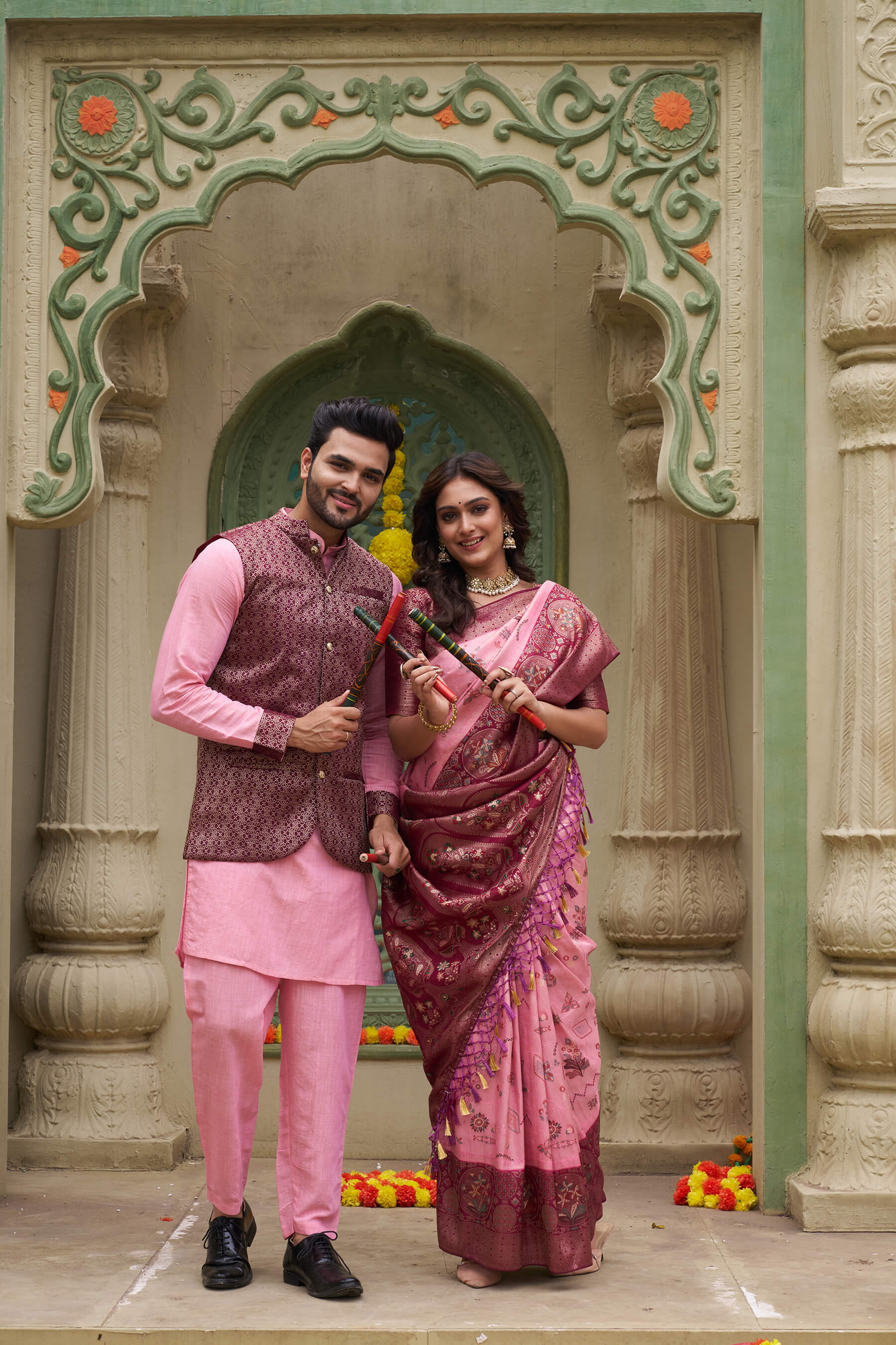 Richie Rich Gold Pink Couple Matching Dress Kanjivaram Silk Saree and Kurta pyjama with Nehru Jacket