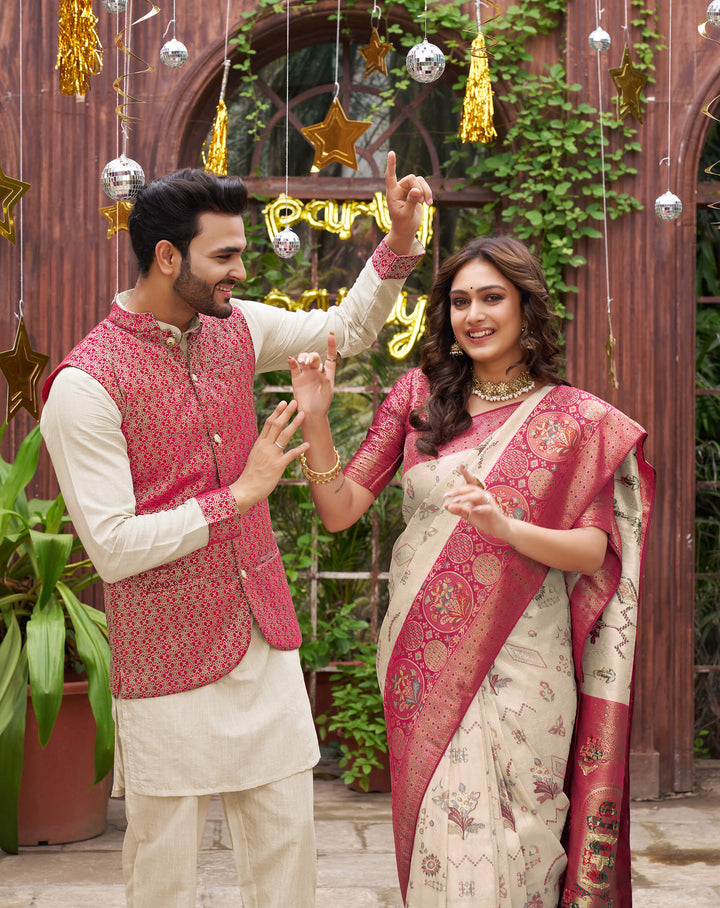 Richie Rich Couple Matching Dress Kanjivaram Silk Saree and Kurta pyjama with Nehru Jacket