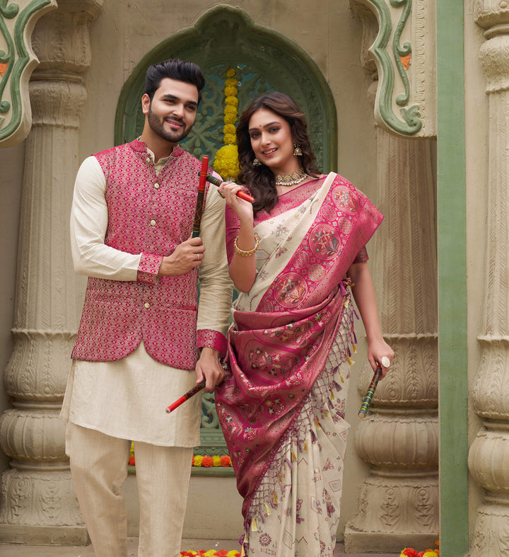 Richie Rich Couple Matching Dress Kanjivaram Silk Saree and Kurta pyjama with Nehru Jacket