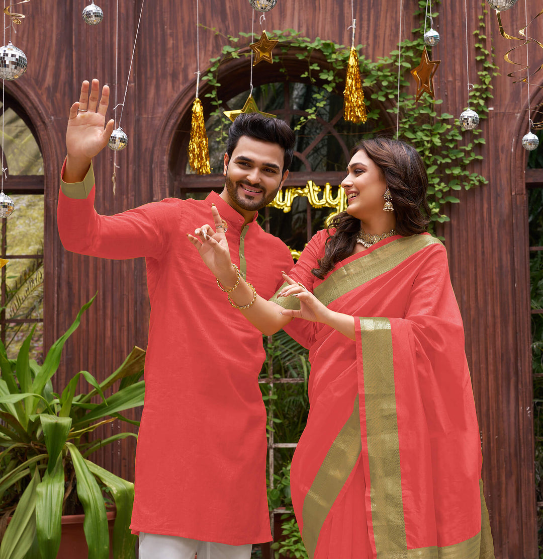 Cutie Coral Couple Matching Dress Orgenza silk Saree & Kurta