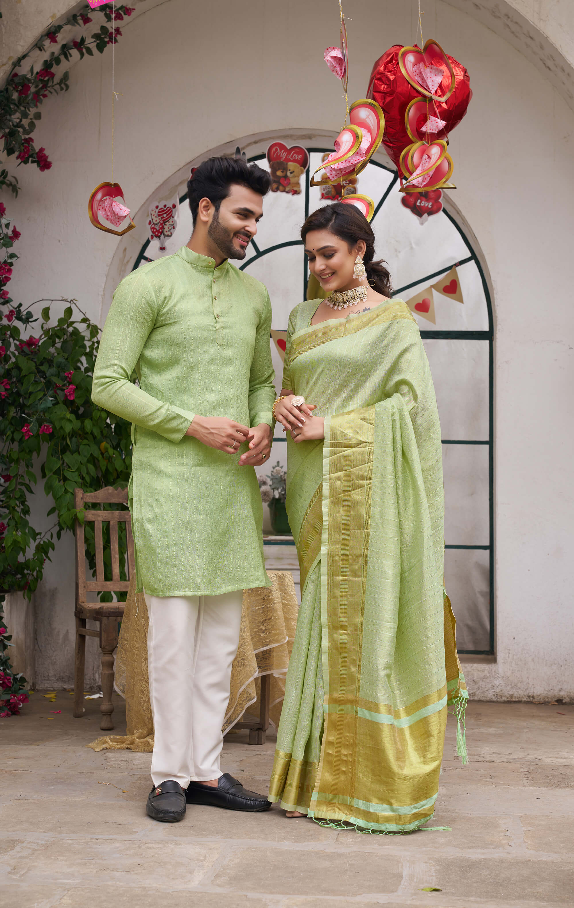 Bansri Gold Pista Couple Set Saree and Kurta
