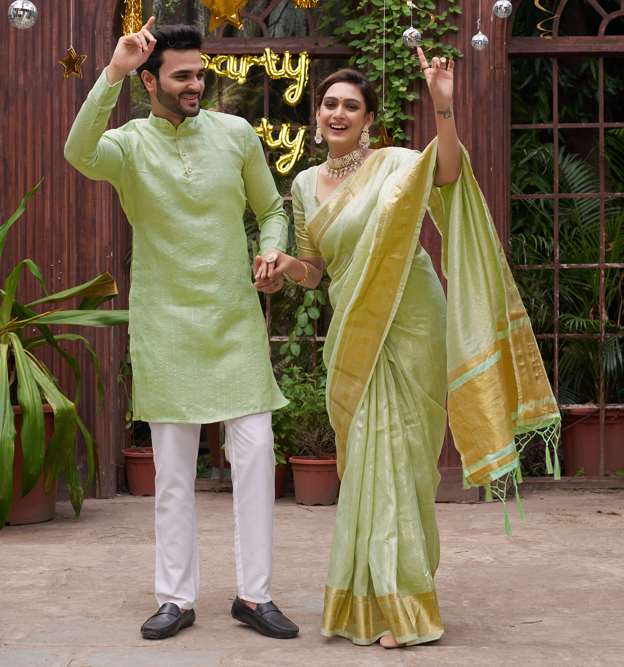 Bansri Gold Pista Couple Set Saree and Kurta