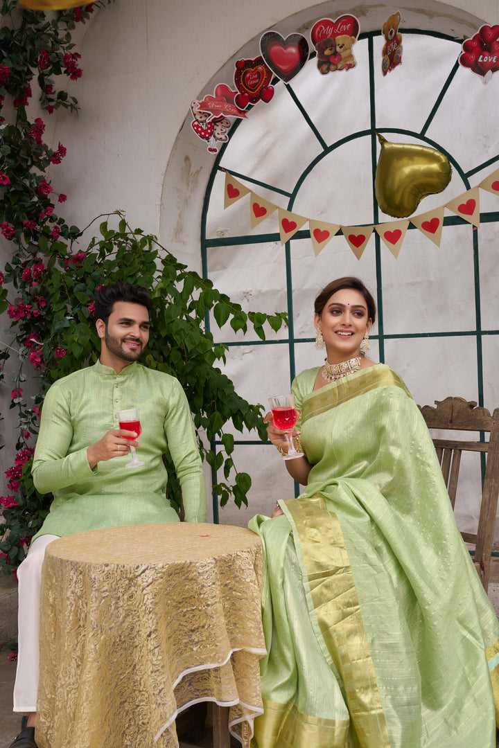 Bansri Gold Pista Couple Set Saree and Kurta