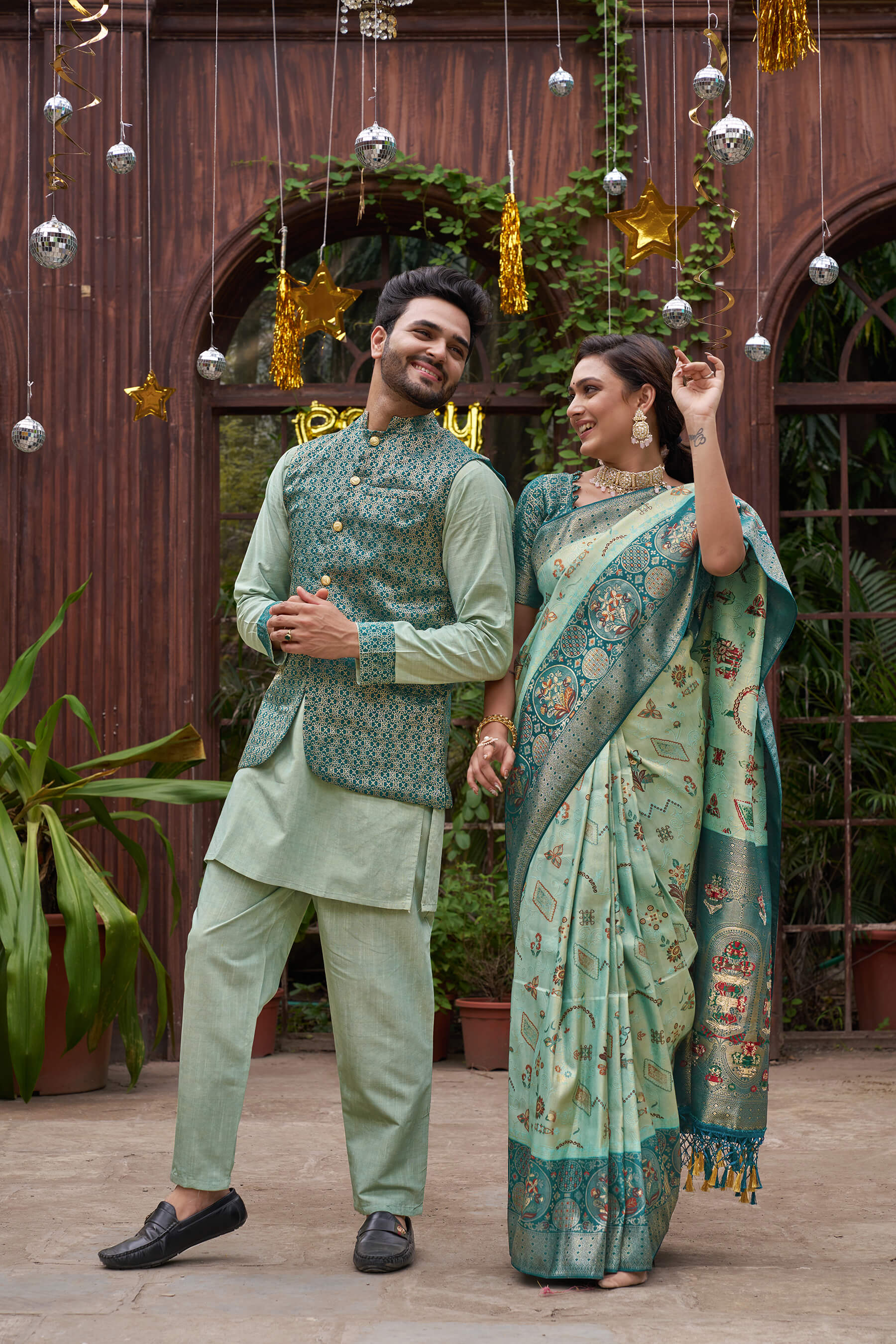 Richie Rich Gold Pista Couple Matching Dress Kanjivaram Silk Saree and Kurta pyjama with Nehru Jacket