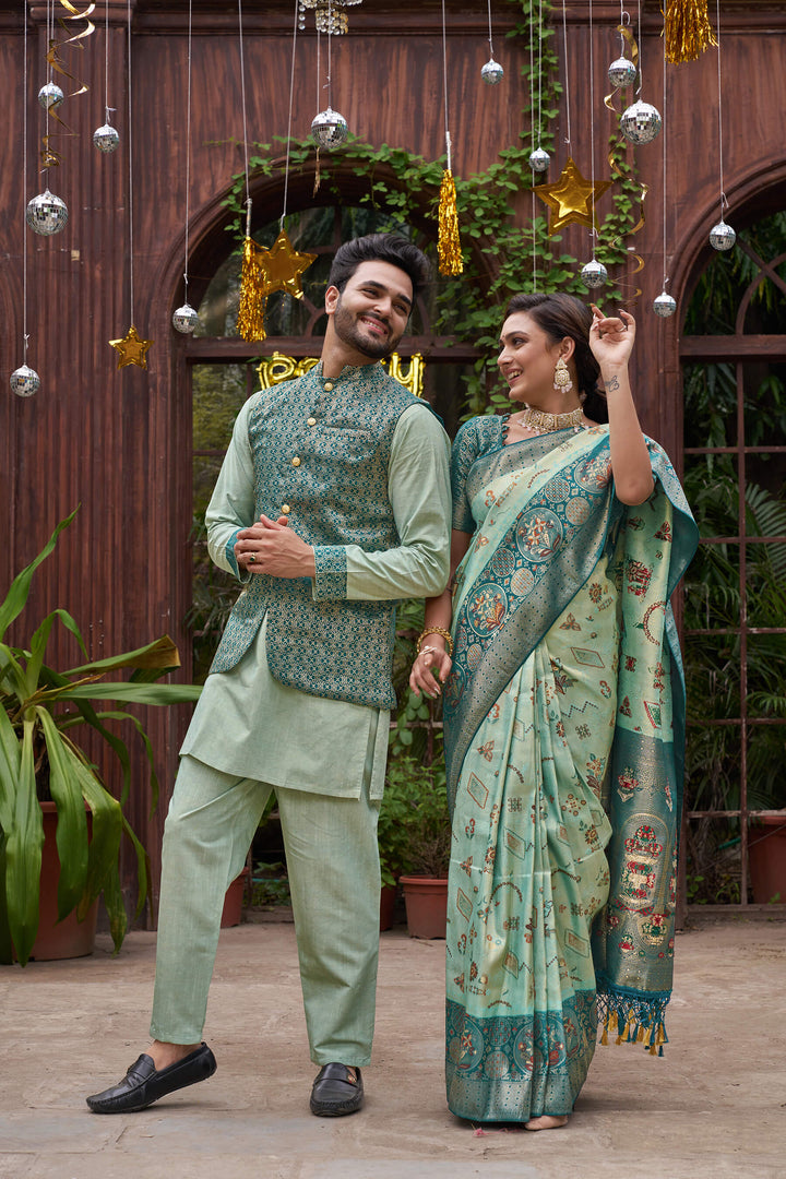 Richie Rich Pista Couple Matching Dress Kanjivaram Silk Saree and Kurta pyjama with Nehru Jacket