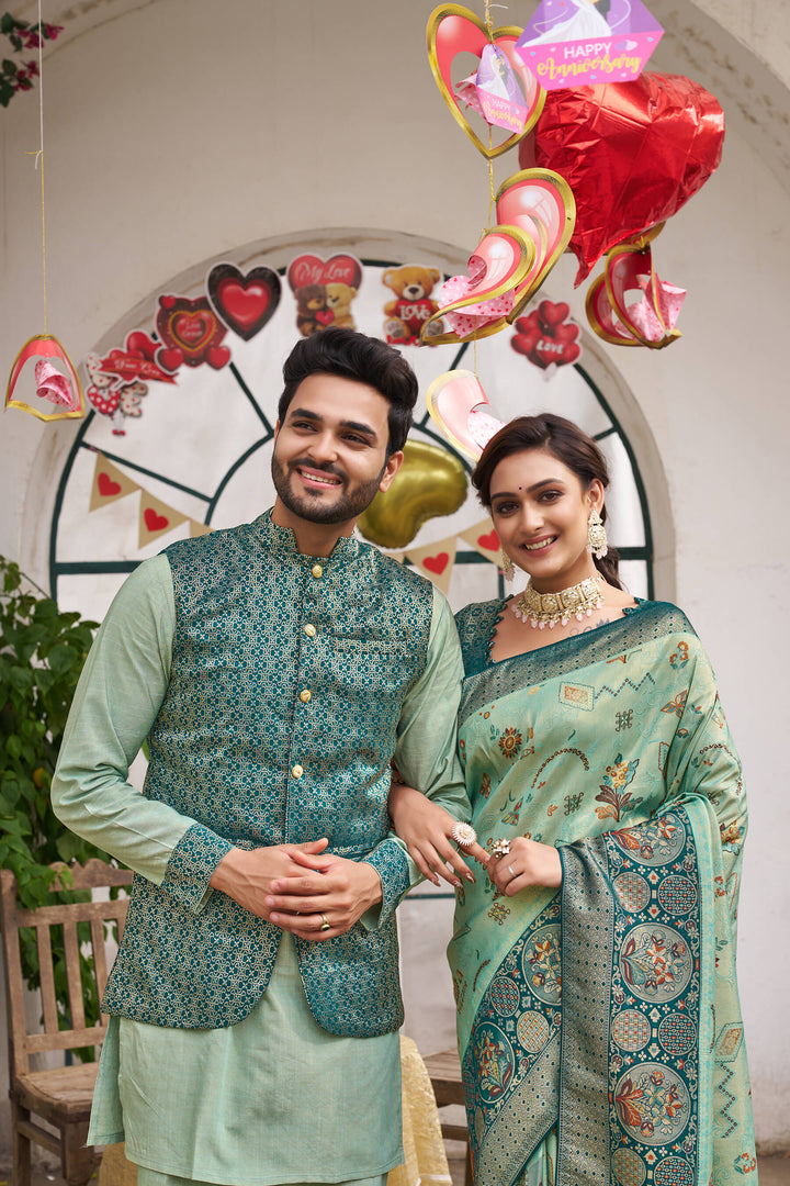 Richie Rich Pista Couple Matching Dress Kanjivaram Silk Saree and Kurta pyjama with Nehru Jacket
