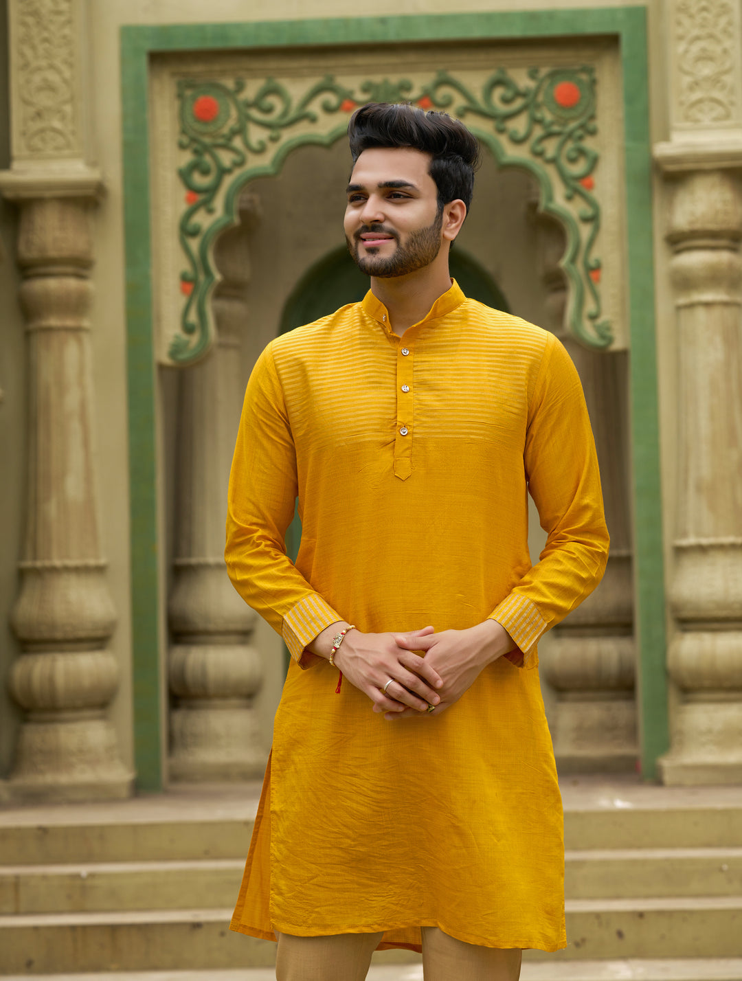 Traditional Men Silk Yellow Kurta with Pajama