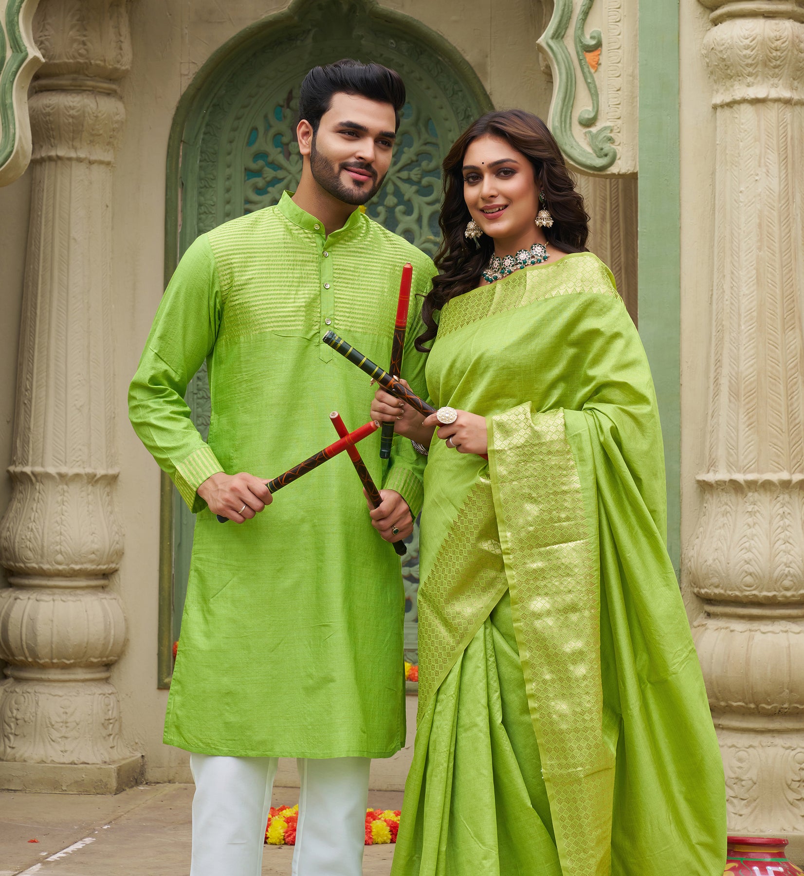 Silk Saree and Kurta Set: Exquisite Couple Dress Archittam Fashion
