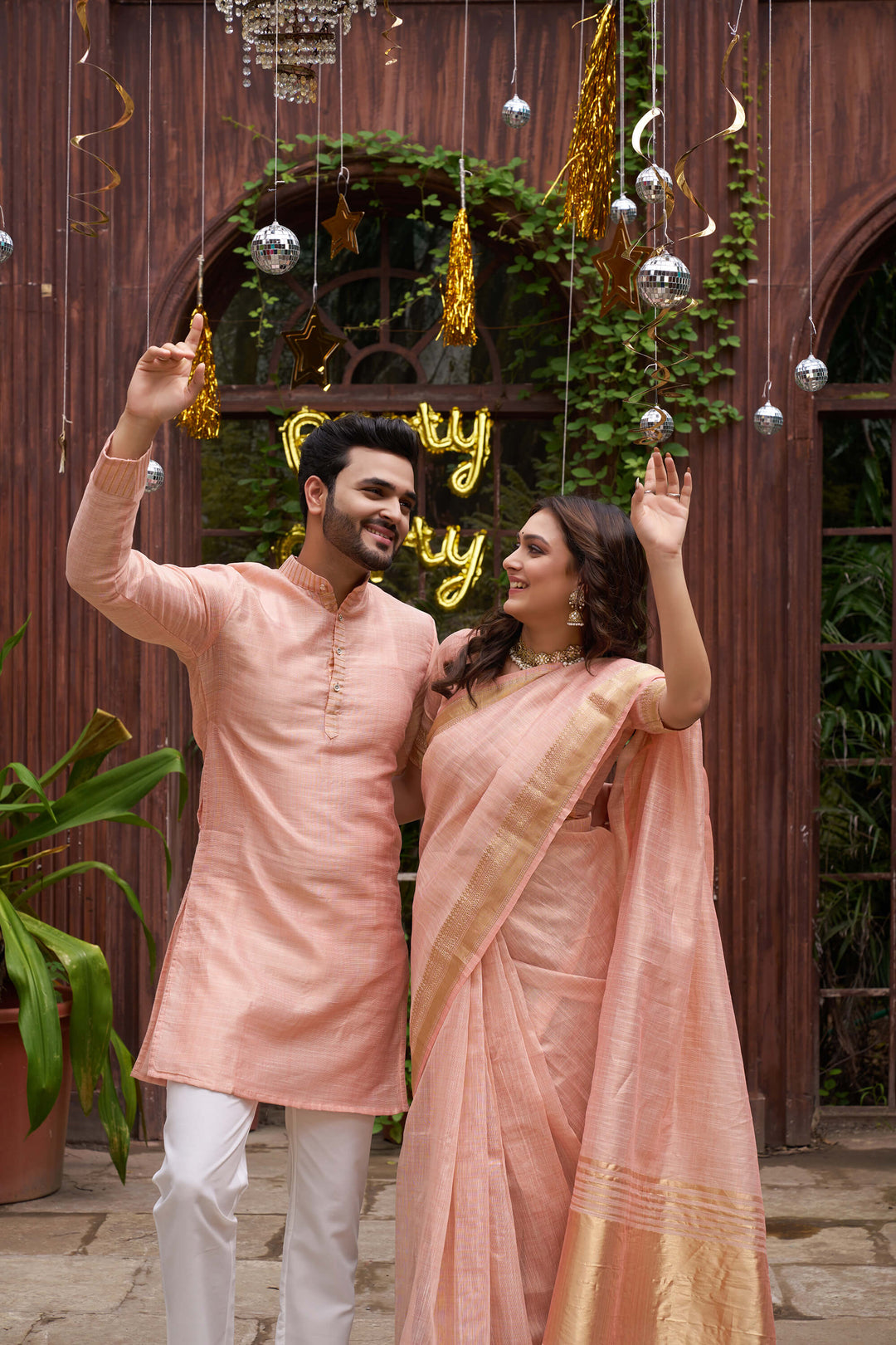 Jenika Gold Peach Couple Dress art silk Saree and Kurta for Special Occasions