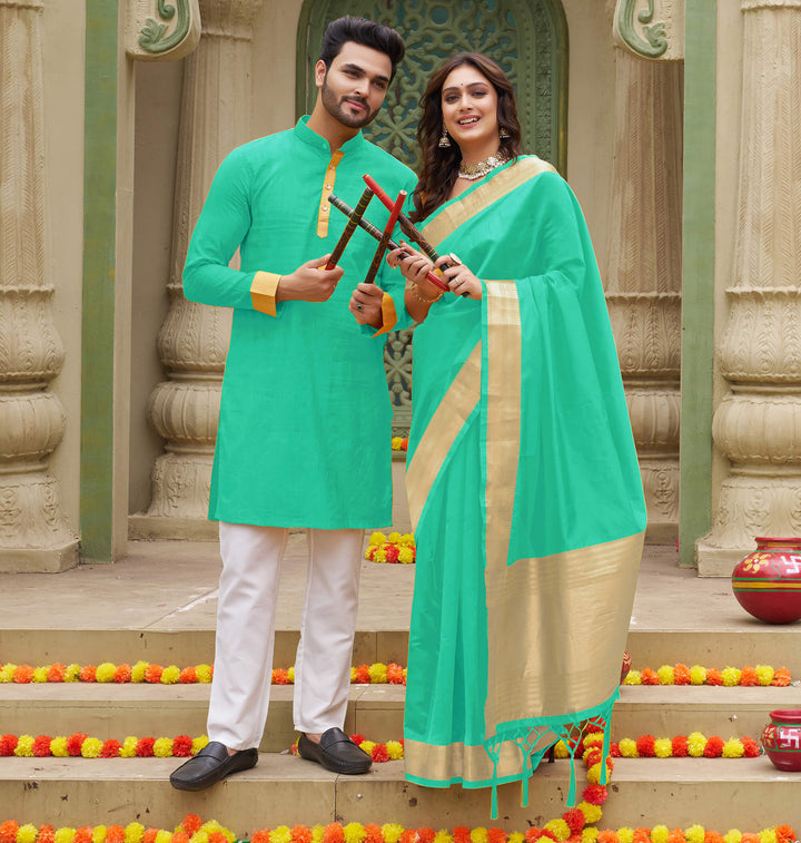 Cutie Teal Couple Matching Dress Orgenza silk Saree & Kurta