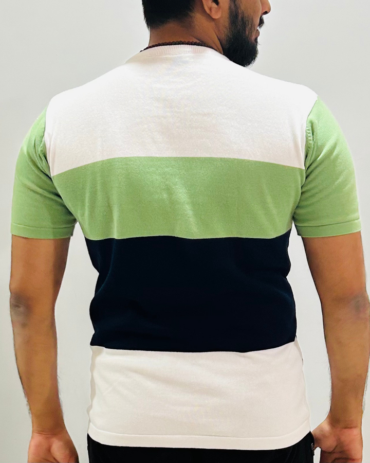 Men Striped Round Neck Cotton Blend Green T-Shirt