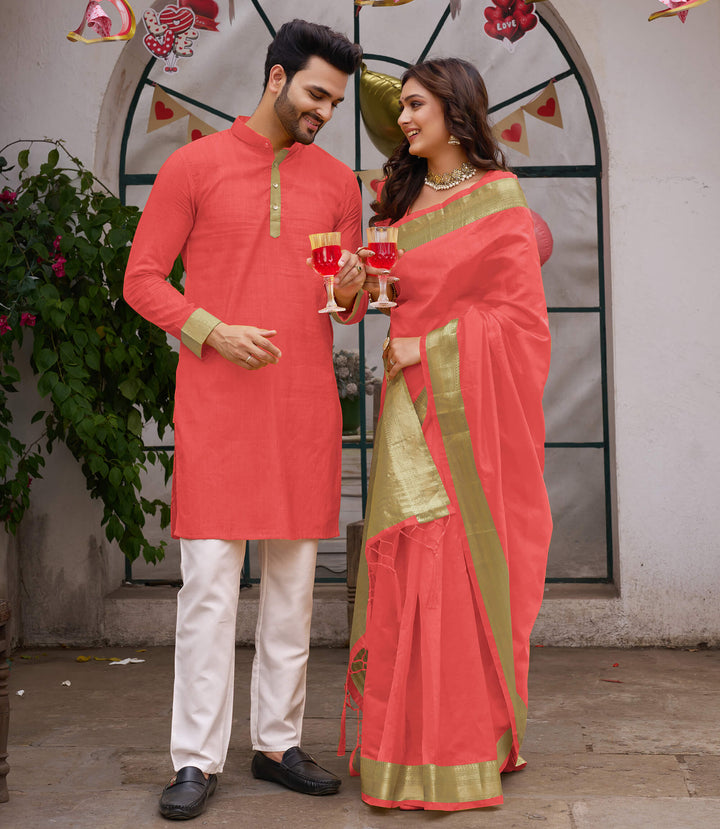 Cutie Coral Couple Matching Dress Orgenza silk Saree & Kurta