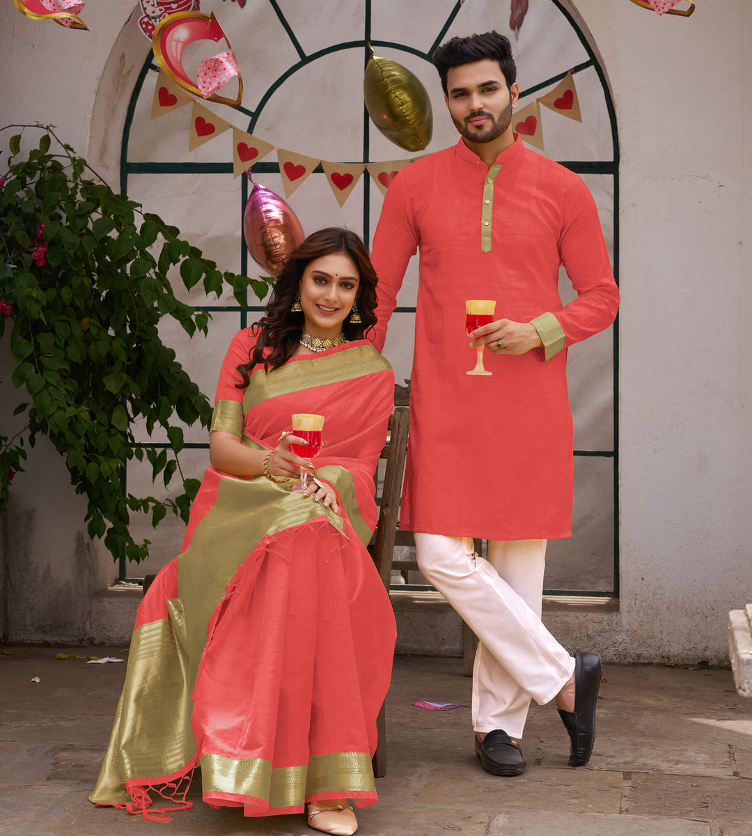 Cutie Coral Couple Matching Dress Orgenza silk Saree & Kurta