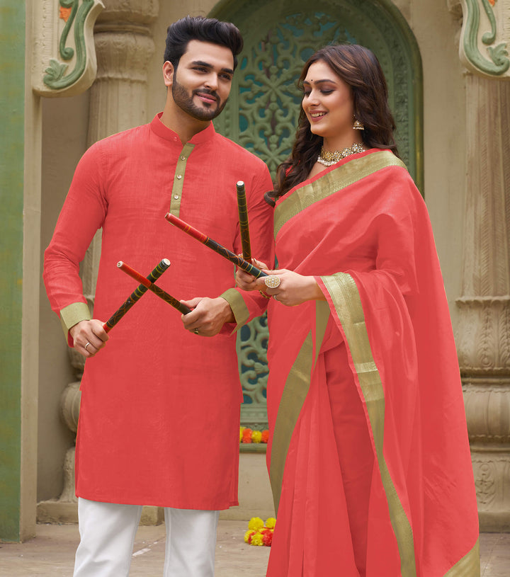 Cutie Coral Couple Matching Dress Orgenza silk Saree & Kurta