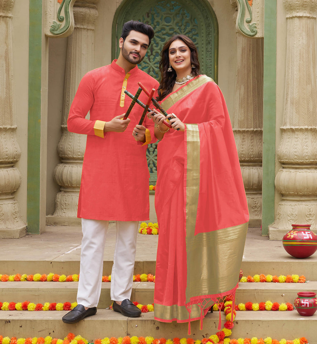 Cutie Coral Couple Matching Dress Orgenza silk Saree Kurta