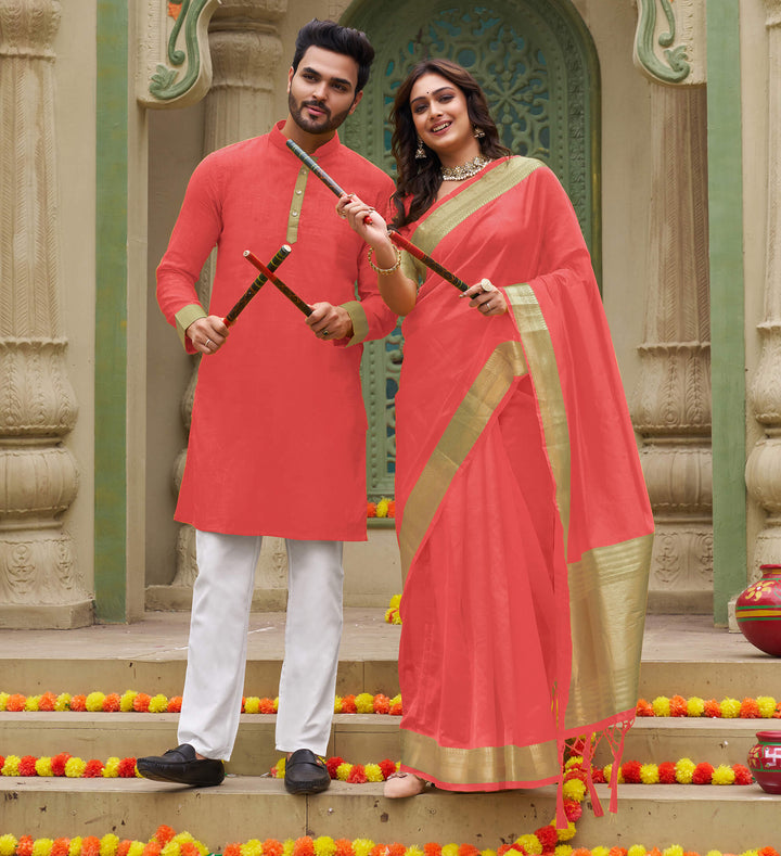 Cutie Coral Couple Matching Dress Orgenza silk Saree & Kurta