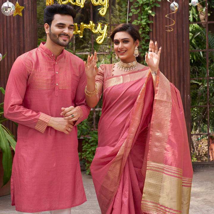 Princy Pink Couple Dress Silk Saree & Kurta