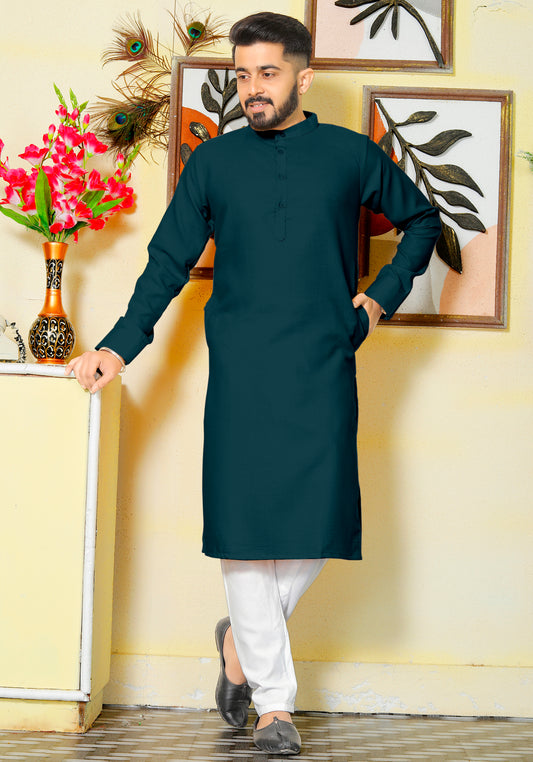 Archittam  Blue Cotton Dobby Slim Fit Long Kurta